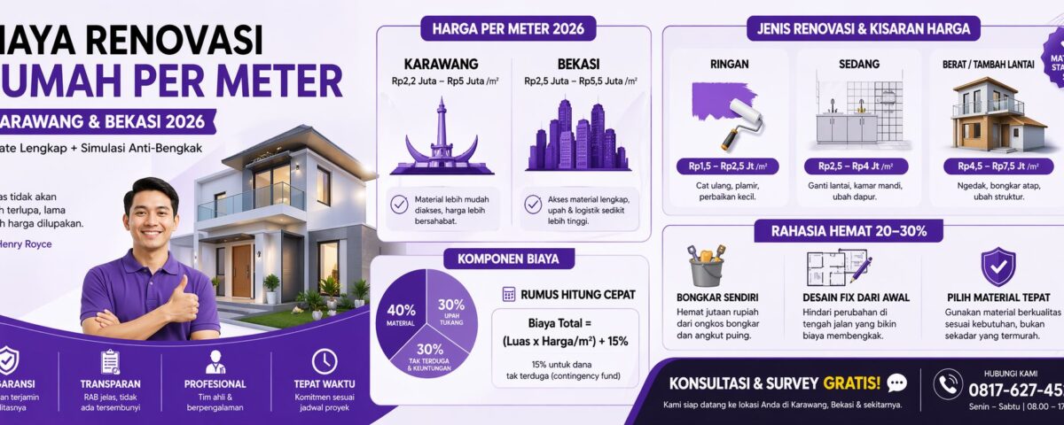 Infografis biaya renovasi rumah per meter di Karawang dan Bekasi tahun 2026 lengkap dengan simulasi harga, jenis renovasi, dan tips hemat biaya