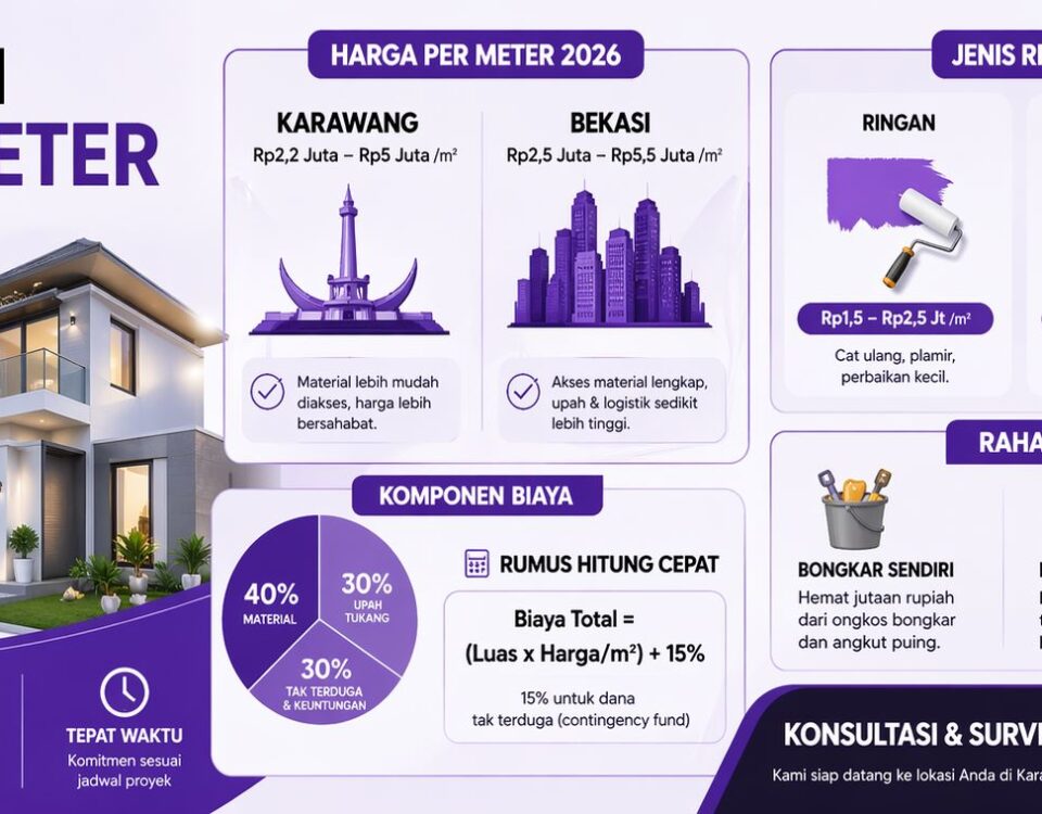 Infografis biaya renovasi rumah per meter di Karawang dan Bekasi tahun 2026 lengkap dengan simulasi harga, jenis renovasi, dan tips hemat biaya