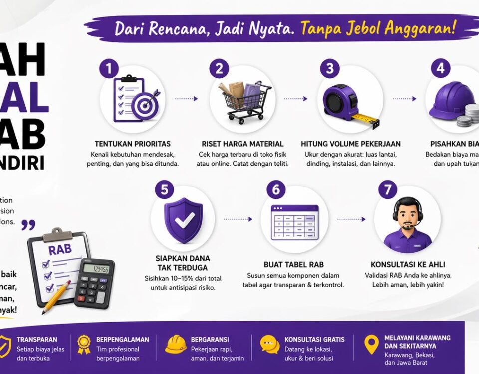 Infografis 7 langkah cara menghitung RAB renovasi rumah agar anggaran tidak membengkak, lengkap dengan panduan praktis, ilustrasi modern, dan tips efisien untuk proyek hunian.