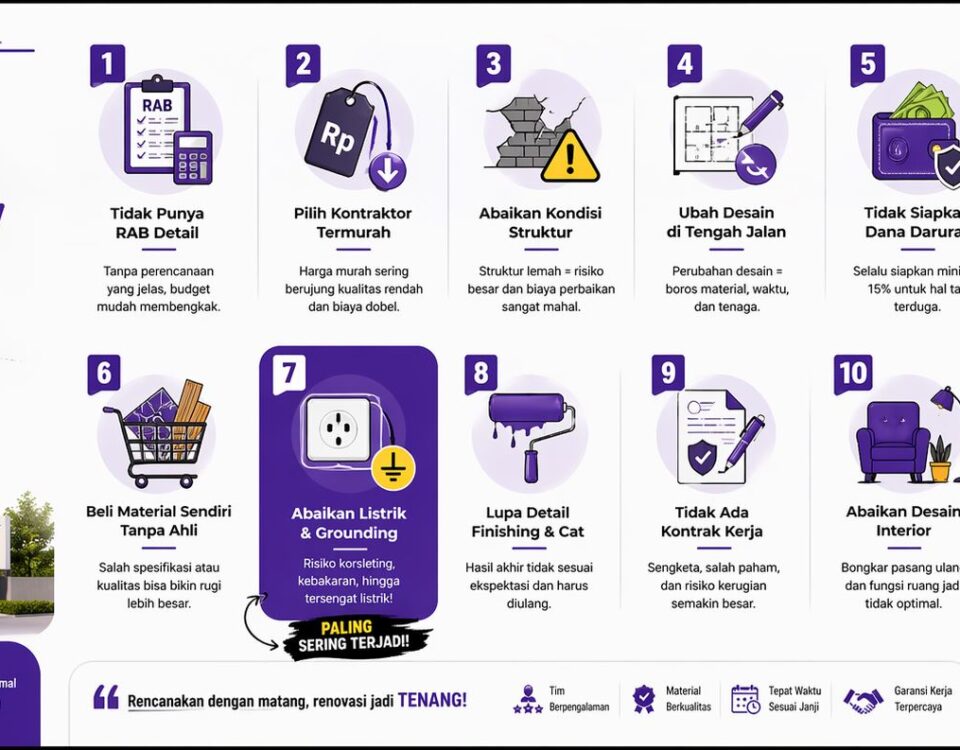 Infografis 10 kesalahan renovasi rumah yang sering terjadi dan menyebabkan budget membengkak, dengan ilustrasi modern berwarna ungu dan elemen konstruksi.