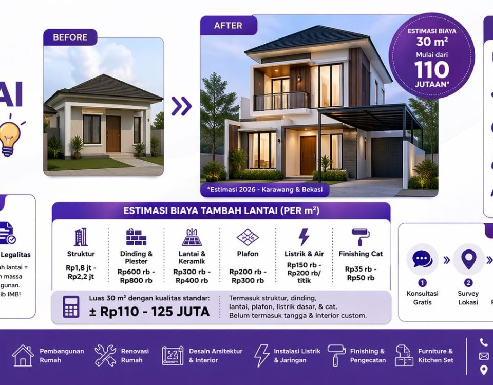 Infografis renovasi rumah 1 lantai jadi 2 lantai lengkap dengan estimasi biaya, struktur, dan tips konstruksi aman di Karawang Bekasi