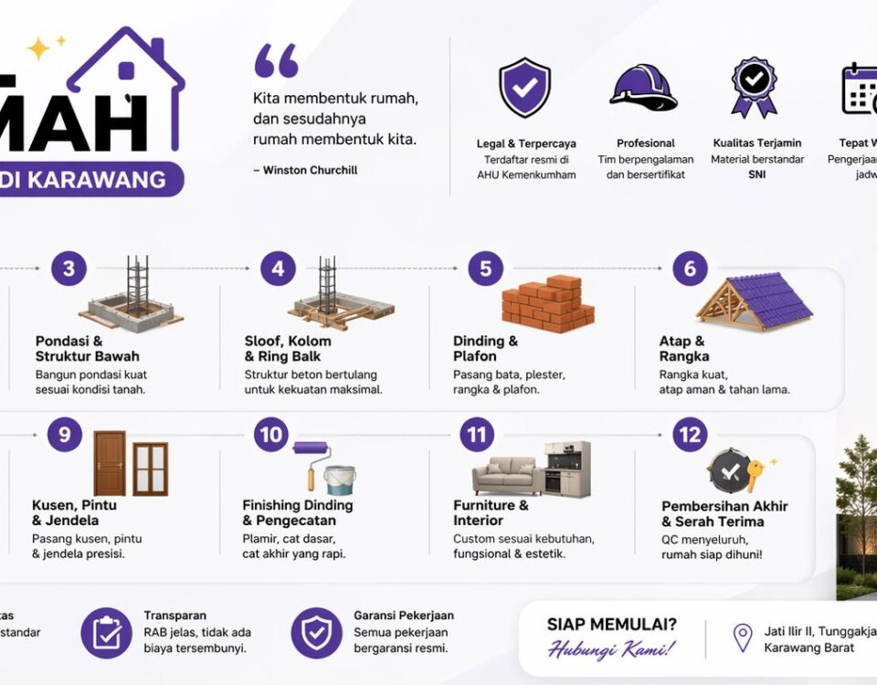 Infografis 12 tahapan bangun rumah dari nol di Karawang mulai dari persiapan lahan hingga serah terima dengan desain modern dan minimalis
