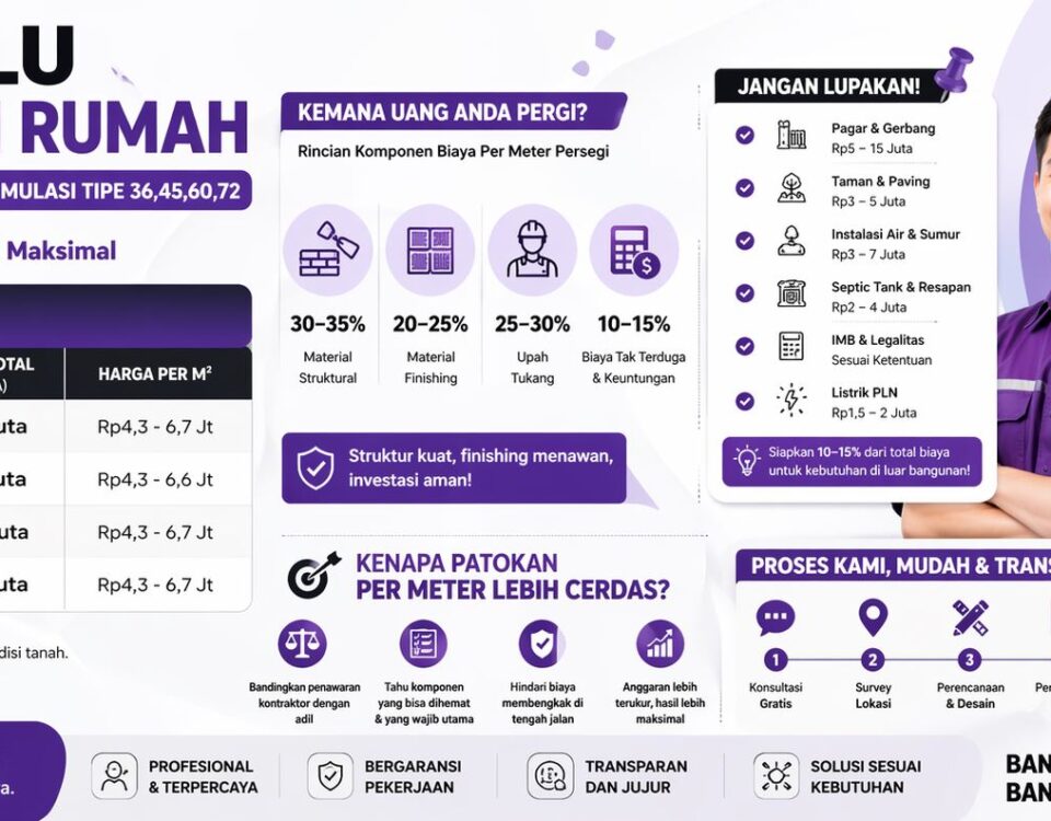 Infografis biaya bangun rumah Bekasi per meter persegi lengkap dengan simulasi tipe 36, 45, 60, dan 72 serta rincian komponen biaya konstruksi
