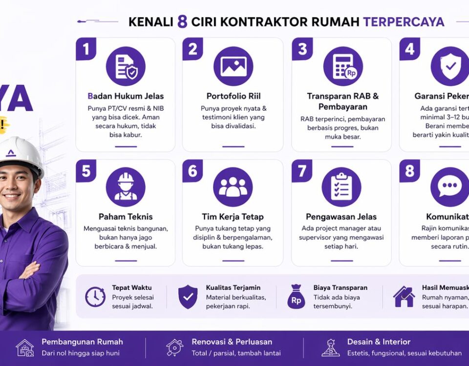 Infografis ciri kontraktor rumah terpercaya agar proyek renovasi tidak mangkrak dengan tips memilih jasa konstruksi profesional